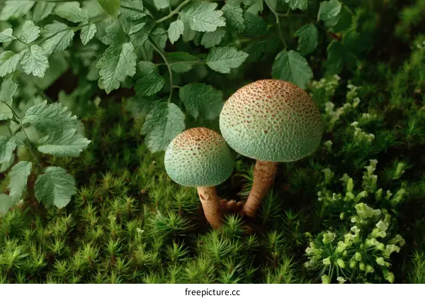 Closeup of Two Turquoise Mushrooms in Mossy Forest Floor