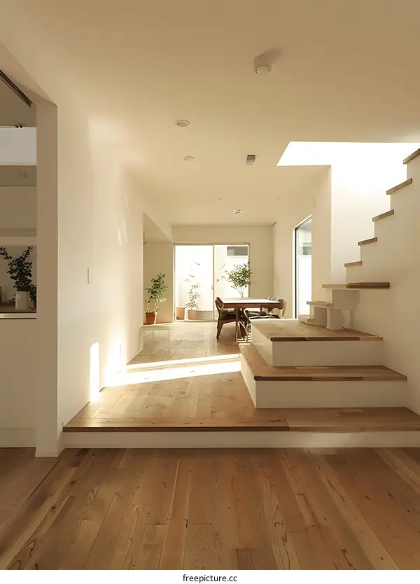 Modern Minimalist Home Interior Design With Wooden Stairs