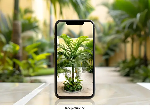 Black Smartphone Showing Green Palm Tree on Screen