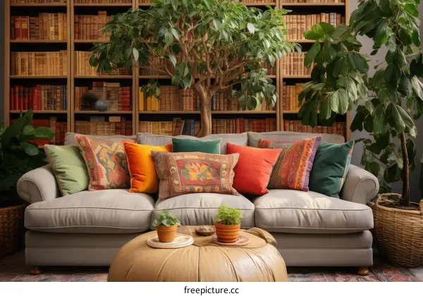 A cozy living room with a large bookshelf and a comfortable couch
