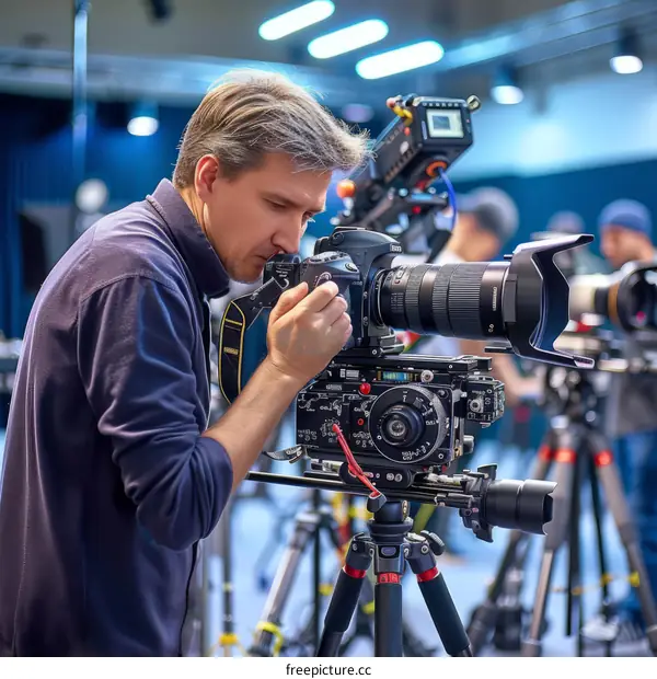 Professional videographer using camera on tripod