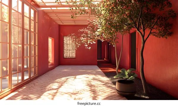 Red Walls with Wooden Lattice and Tree