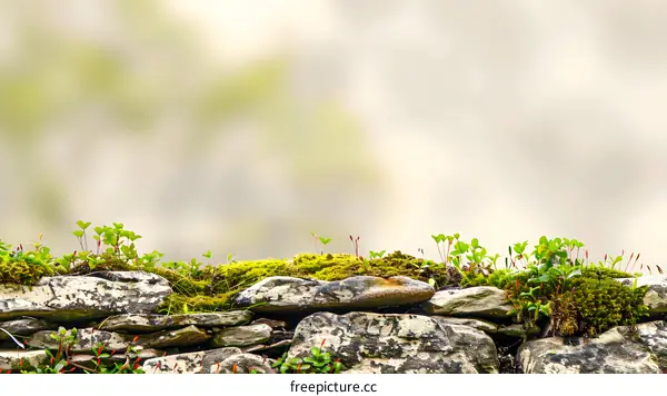 Green Moss Growing On A Stone Wall With A Blurred Background