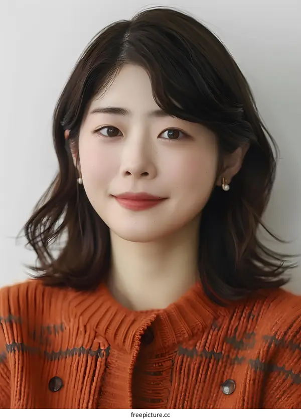 Portrait of a young Asian woman with short hair and an orange sweater