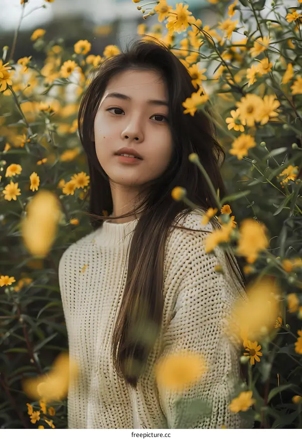 Young Asian Woman In Field Of Yellow Flowers