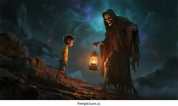 A Boy Confronting a Skeleton Figure Holding a Lantern in Cosmic Night