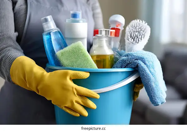 Cleaning Supplies in a Bucket Held by a Person