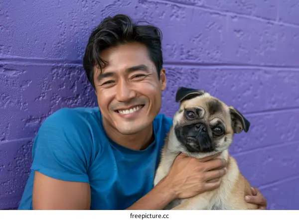 Asian man smiling with his pug