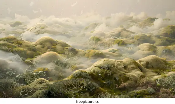 Misty Hillscape with Lush Green Moss