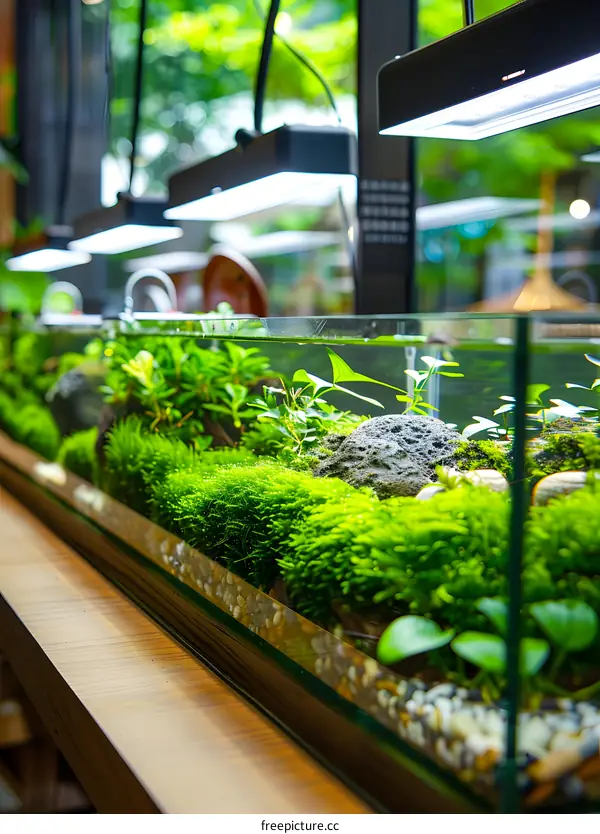 Green Aquarium Tank With Lush Plants And Rocks