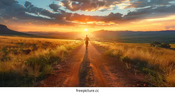 A runner is running on a rural road at sunset