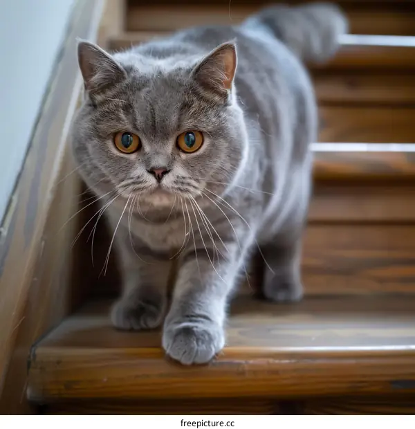 A gray cat is walking down a wooden staircase