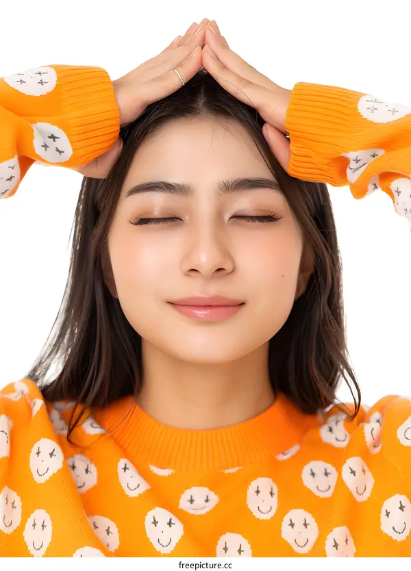 A young Asian woman wearing an orange sweater with her eyes closed and her hands on her head