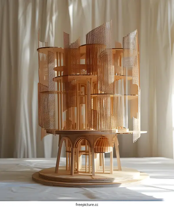 Intricate Wooden Architectural Model on Display