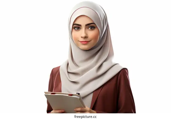 A young woman wearing a brown suit and a white hijab is holding a notebook.