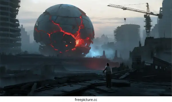 Giant Sphere with Lava Cracks in Post-Apocalyptic City