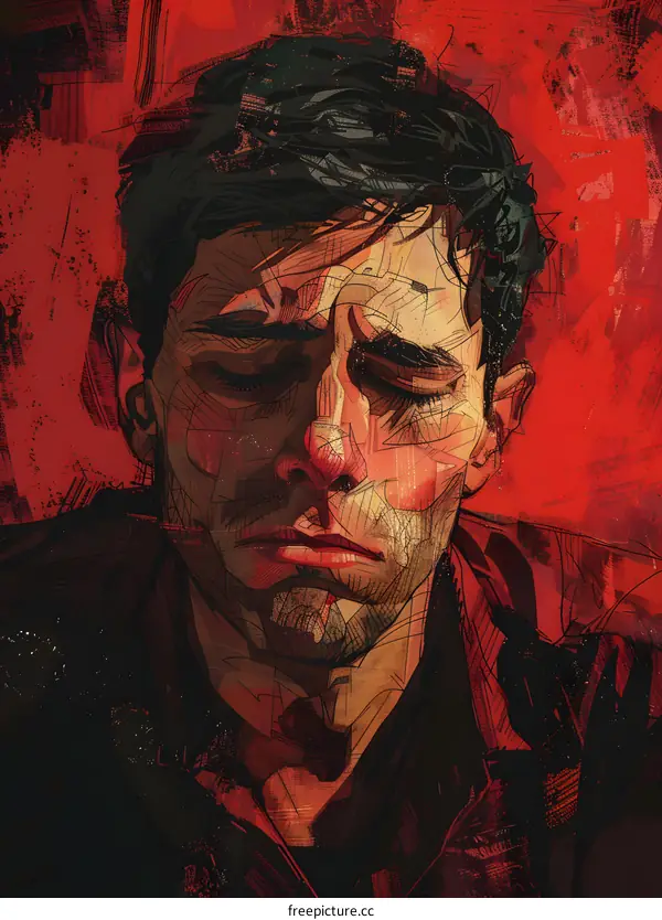 A portrait of a man with dark hair and red background