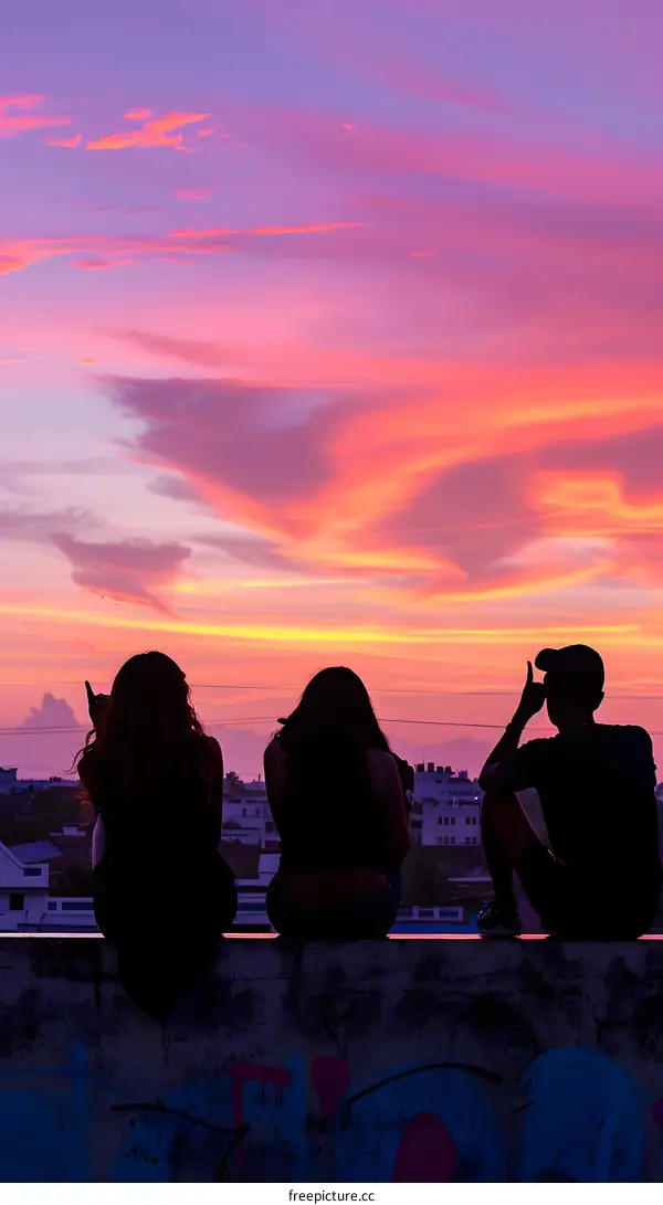 Silhouettes of three friends watching the sunset