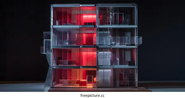 Glass Model of Modern Apartment Building with Red Lighting