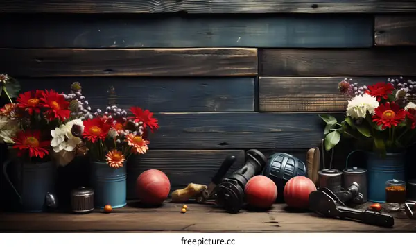 Still life with flowers and tools