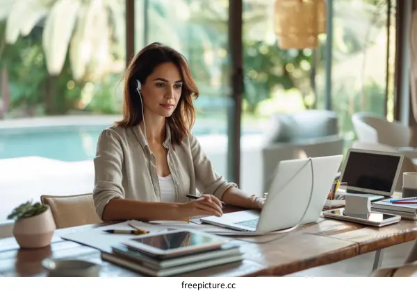 Young woman working from home using laptop and headphones
