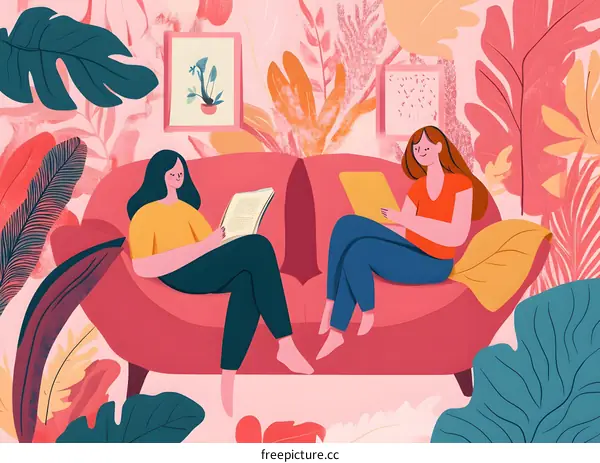 Two Women Relaxing On Couch With Books And Tablet