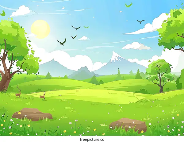 Summer Landscape with Mountain and Deer