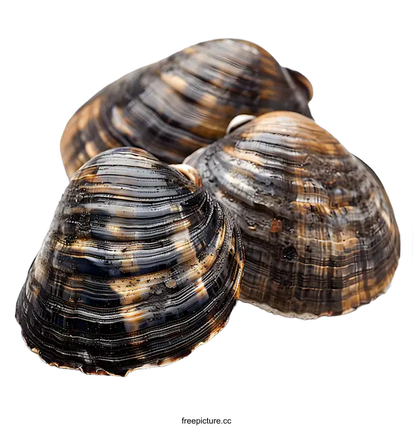 [Transparent Background PNG]Three fresh mussels on white background