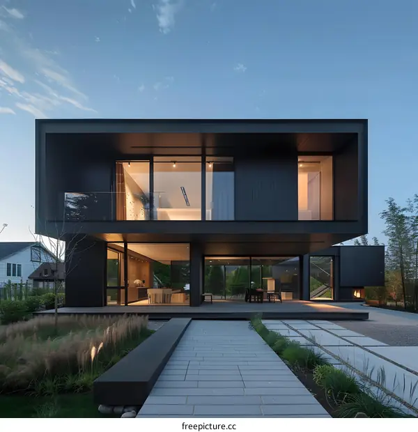 Modern Black House with Large Windows and Patio