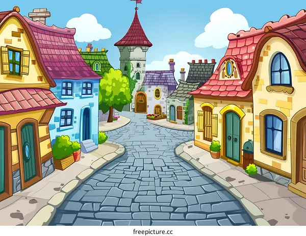 Cartoon Village Street with Cobblestone Road