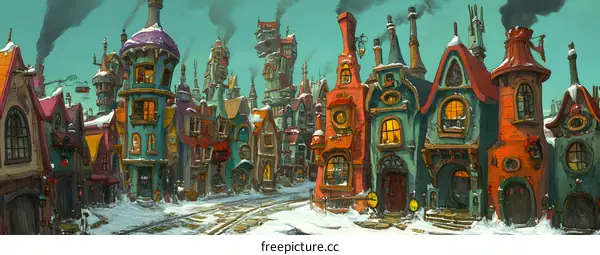 Fantasy Cityscape with Snow Covered Buildings and People Walking