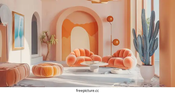 Modern Living Room Interior Design With Peach Walls And Orange Furniture
