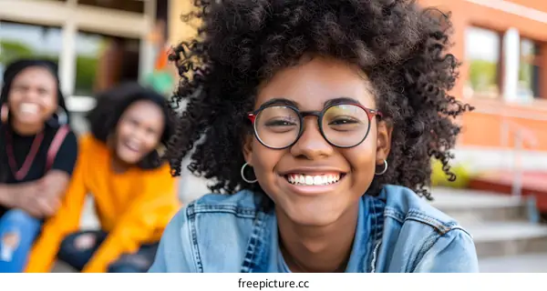 Happy Black Woman Smiling and Looking at Camera with Friends in Background