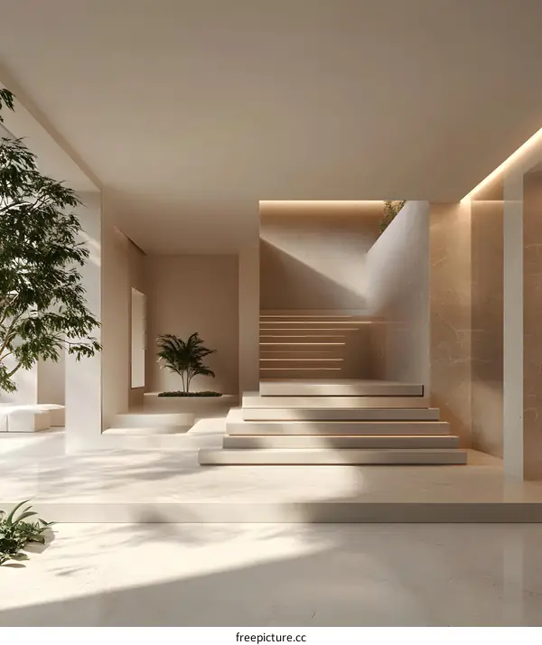 Modern Minimalist Interior Design with Stairs and Plants
