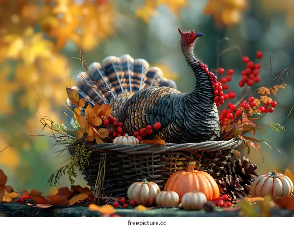 A Thanksgiving turkey in a basket with pumpkins and fall leaves.