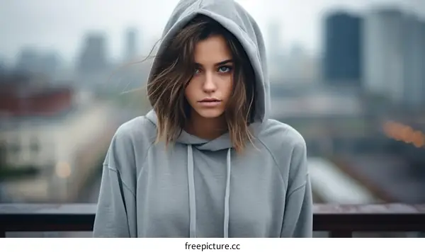 Portrait of a young woman in a gray hoodie looking at the camera with a serious expression on her face