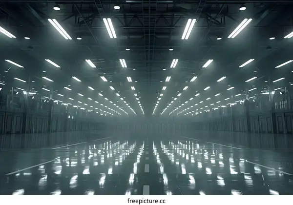Empty Industrial Building Interior With Fluorescent Lights