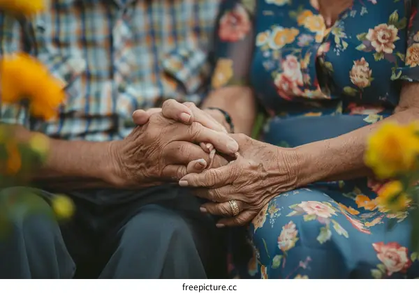 An elderly couple is holding hands