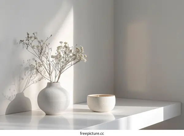Dried Flowers, Candle & Vase on White Shelf