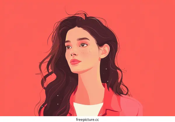 Portrait of a young woman with long brown hair and freckles on her face