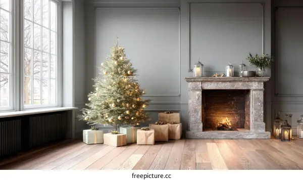 Elegant Christmas Interior with Fireplace and Tree