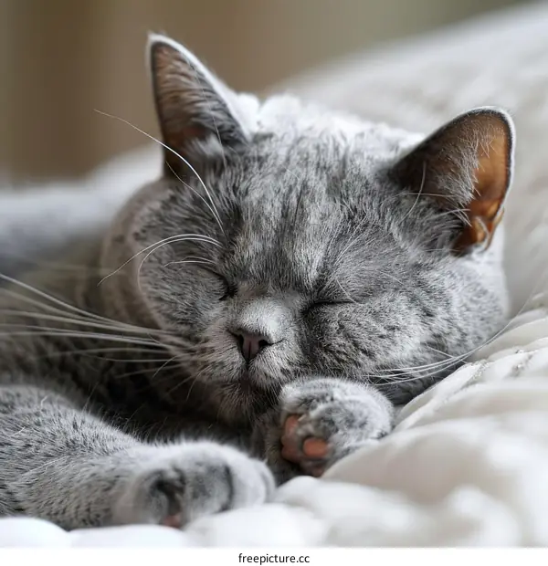 Sleeping British Shorthair Cat on White Blanket