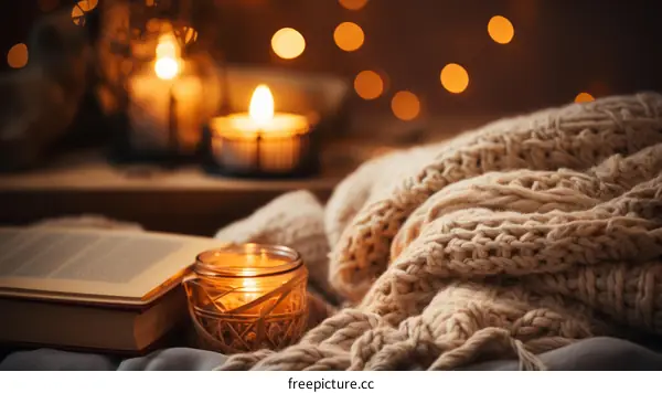 A cozy winter evening with candles and a book