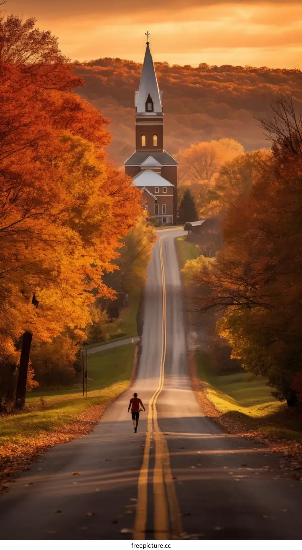 Runner on a country road in autumn