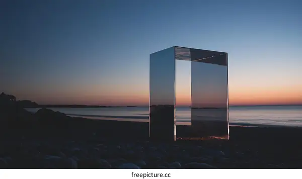 Minimalist Mirror Sculpture on Beach at Sunset