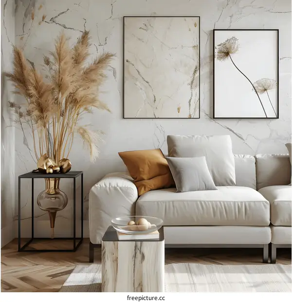 Minimalist Living Room with Beige Sofa and Dried Flowers