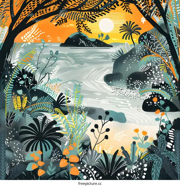 Tropical Sunset Illustration with Lush Foliage and Calm Waters