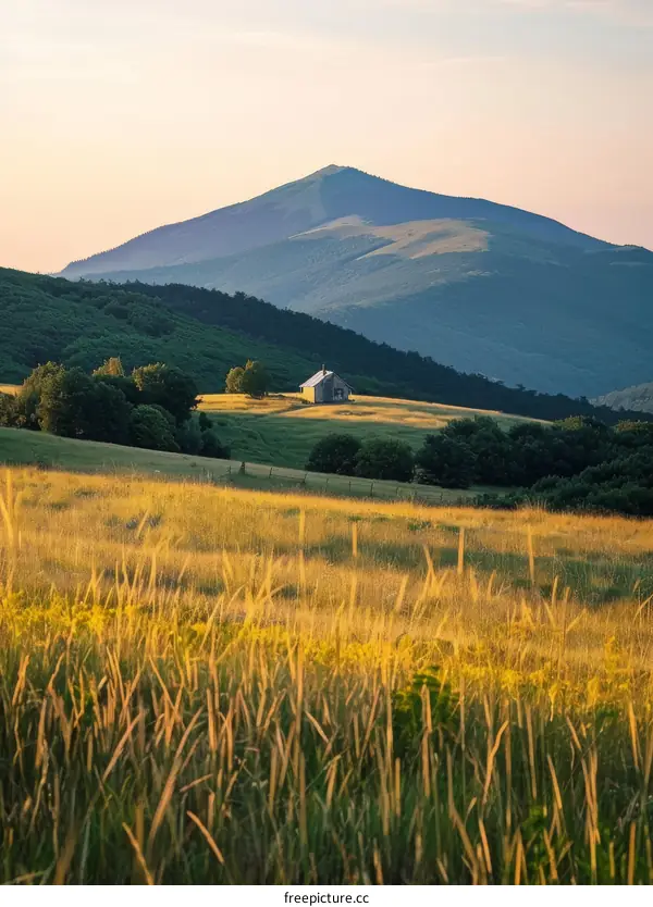 Serene Cottage Nestled in a Mountain Meadow at Sunset