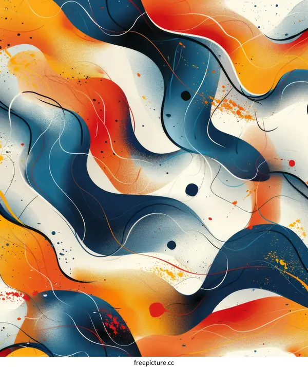 Colorful abstract painting with blue, orange and red waves