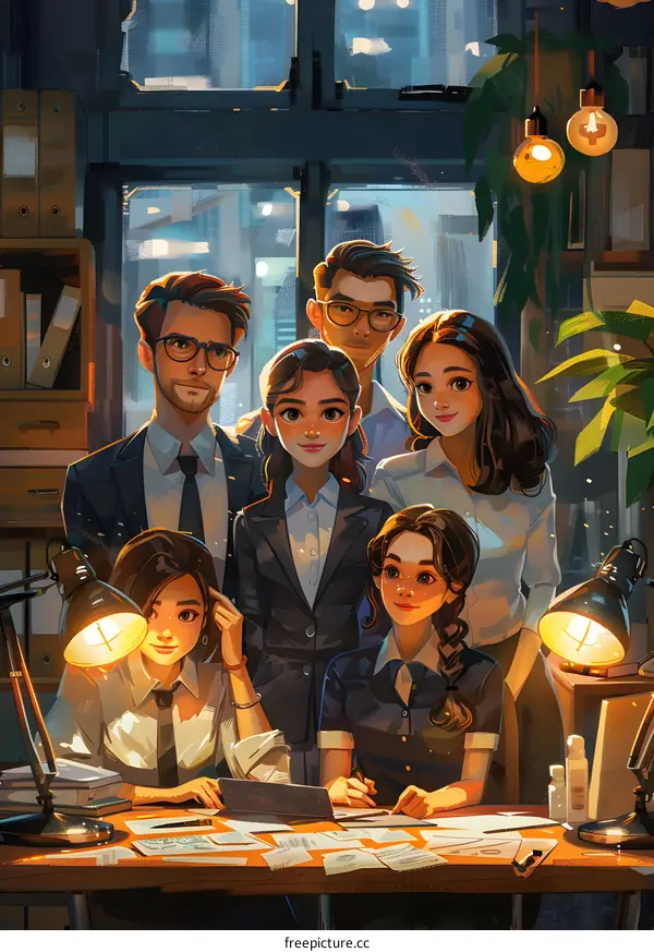 A group of people are discussing work in an office.